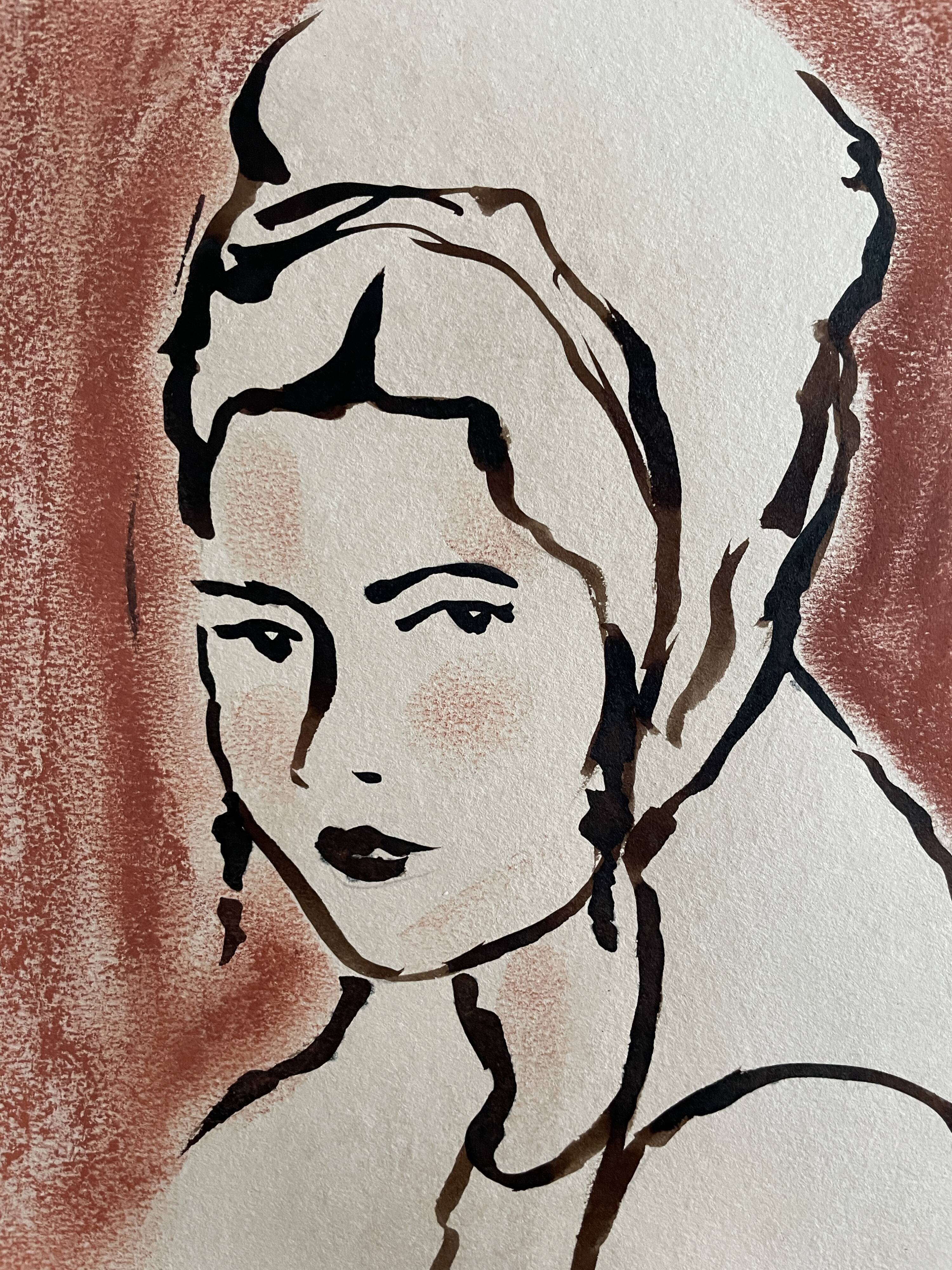 Painting signed Indian ink and pastel female portrait “study with headdress”