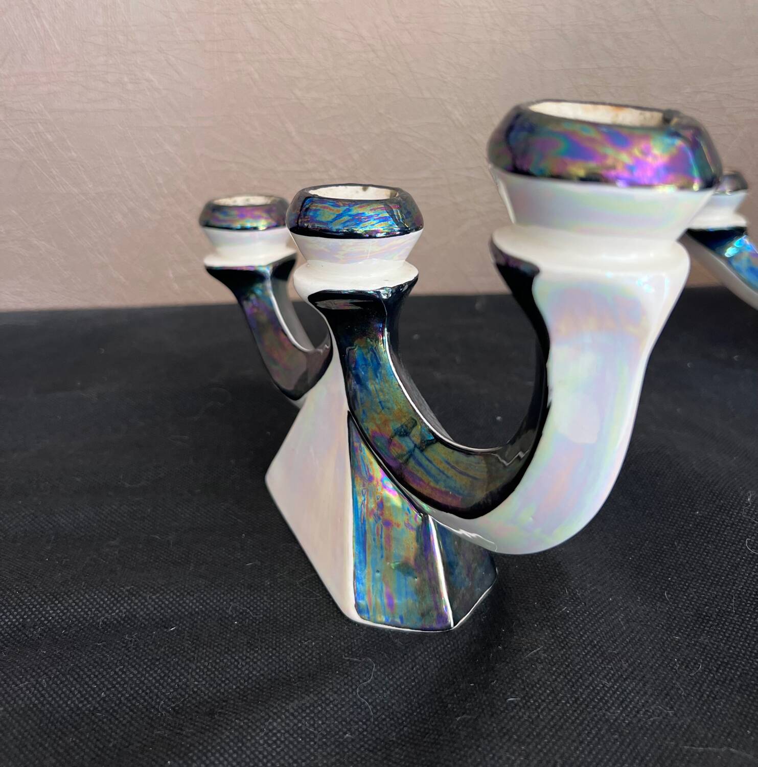 Pair of 3-branch candlesticks in iridescent two-tone ceramic from the 60s