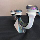 Pair of 3-branch candlesticks in iridescent two-tone ceramic from the 60s