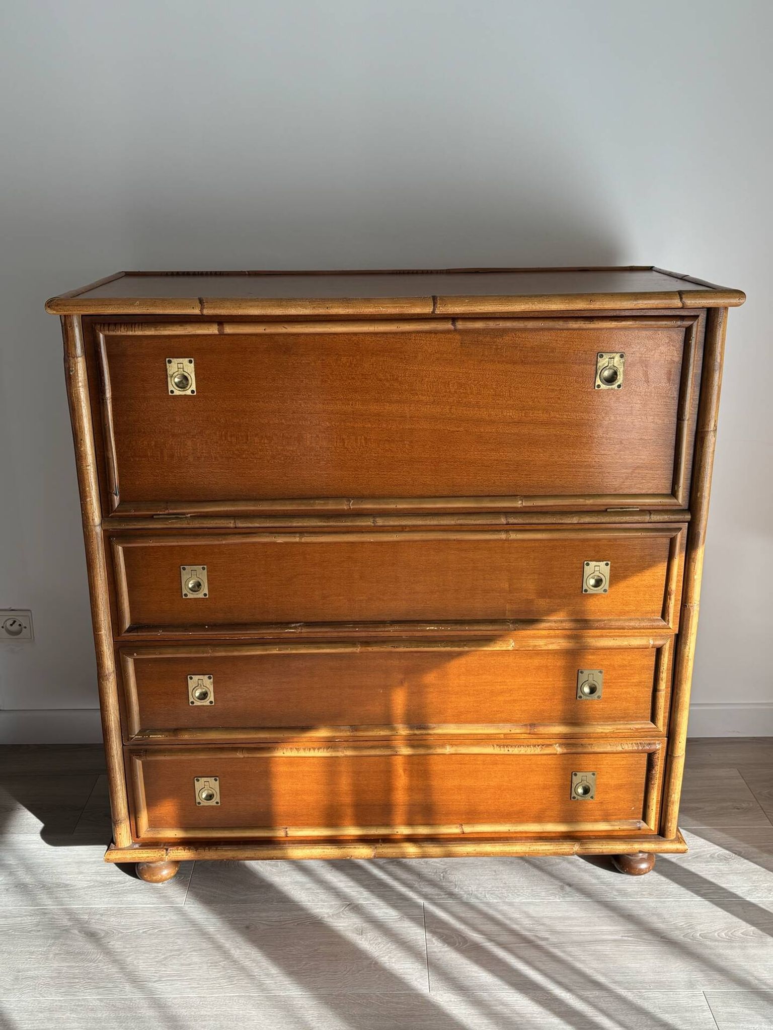 Dalvera wooden and bamboo chest of drawers, 1970