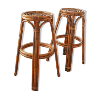 Paire de tabourets de bar  Louis Sognot en rotin 1950