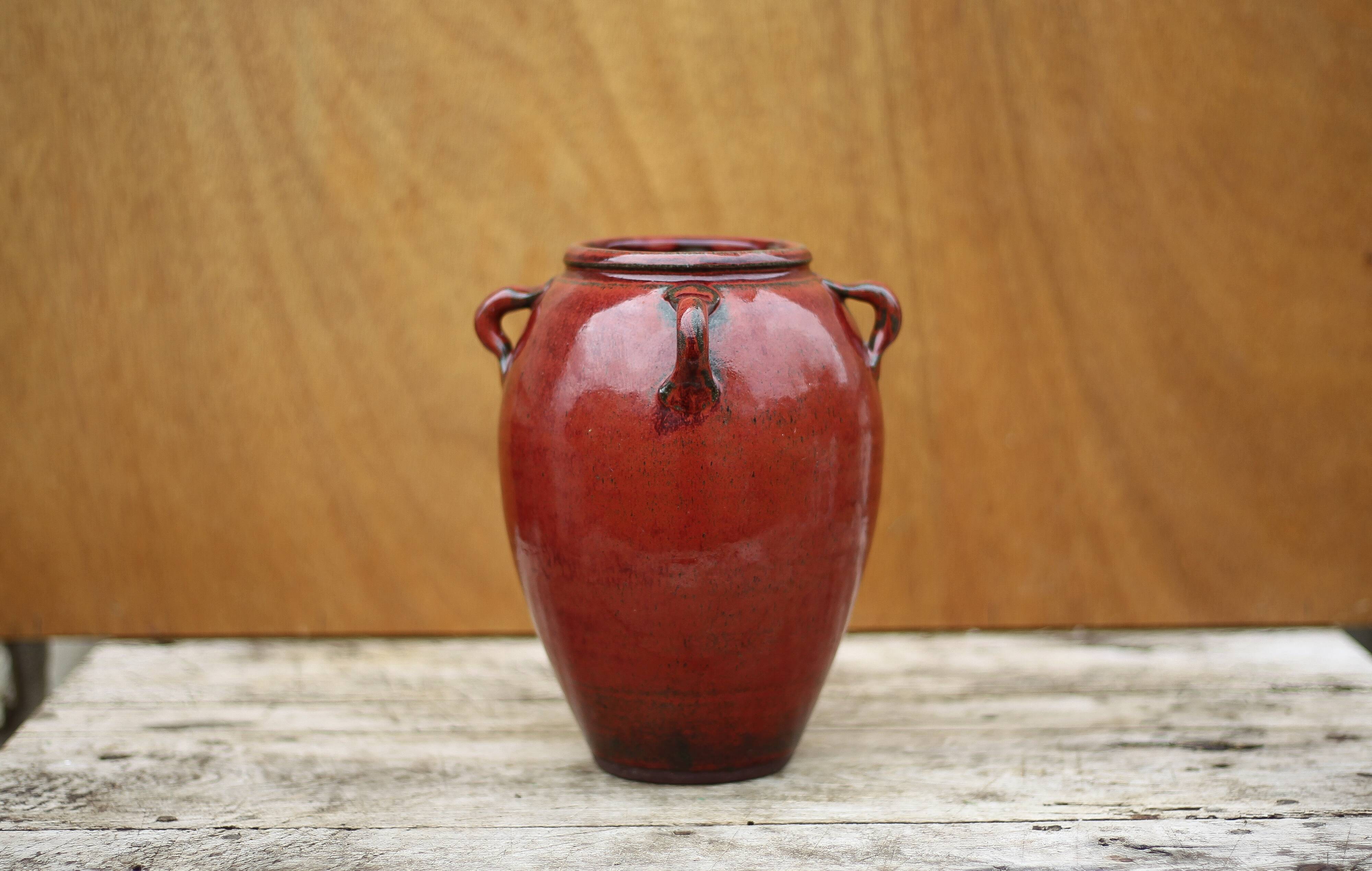 Ox blood red glazed sandstone vase, signed vase, vintage flower pot, vase with handles, collection
