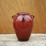 Vase grès vernissé rouge sang de boeuf, vase signé, pot à fleurs vintage, vase à anses, collection