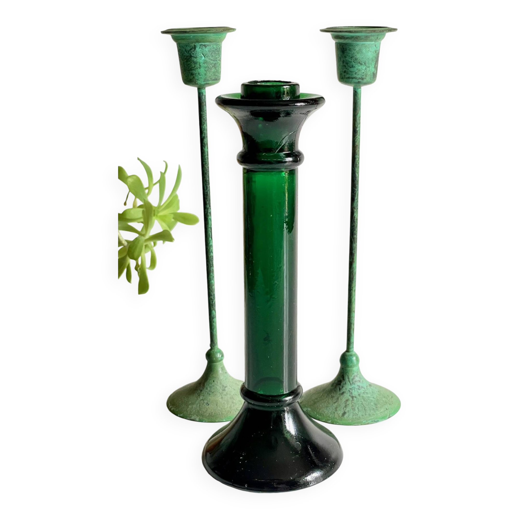 Green glass and metal candle holders