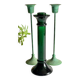 Green glass and metal candle holders