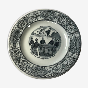 Talking plate "proverbs and military" opaque porcelain of Gien 1850