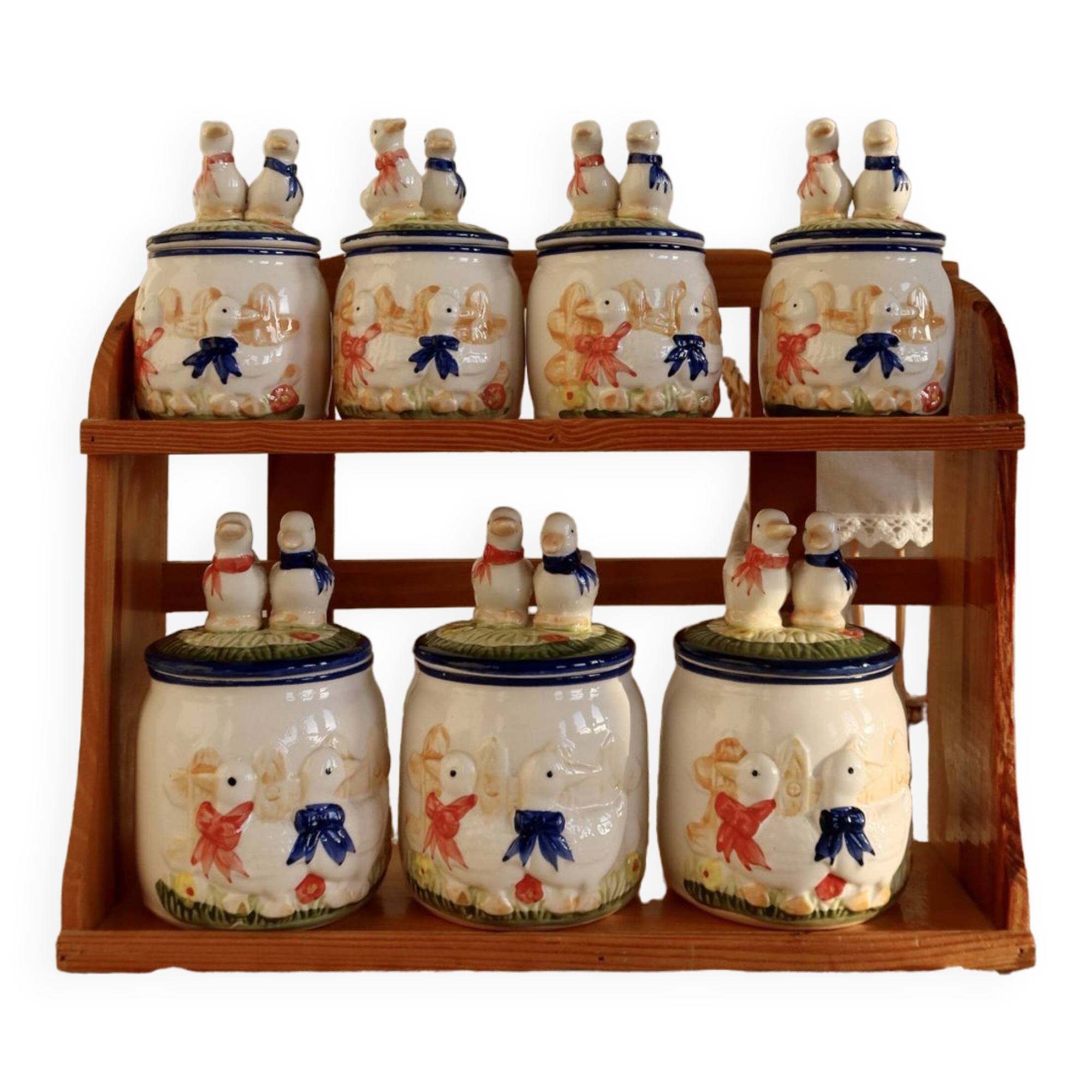 Vintage wooden wall condiment shelf and porcelain pots with geese slip pattern