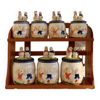 Vintage wooden wall condiment shelf and porcelain pots with geese slip pattern