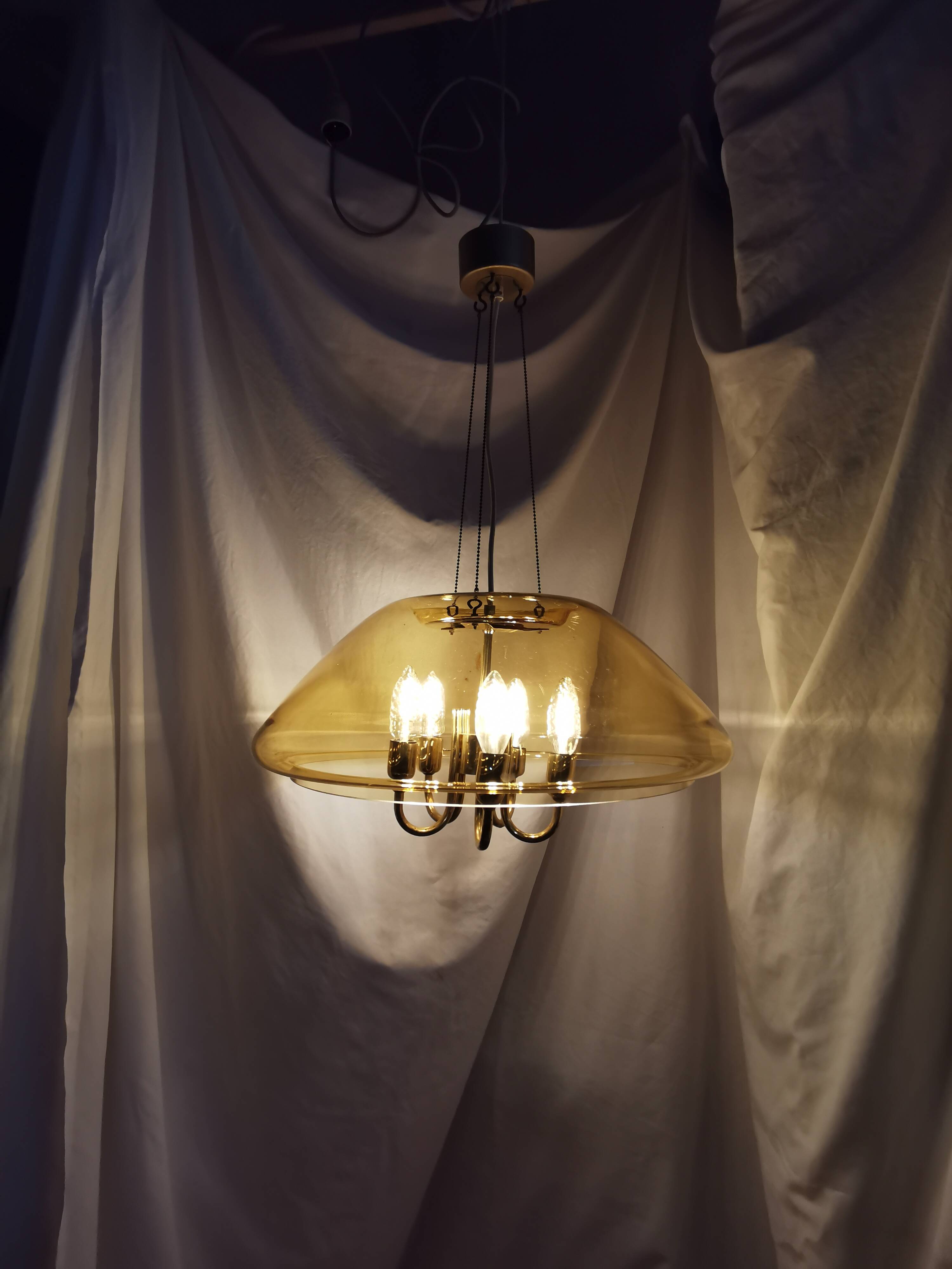 Large chandelier in brass and smoked glass, six branches, space age, baroque, Italy, 1970.