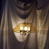 Large chandelier in brass and smoked glass, six branches, space age, baroque, Italy, 1970.