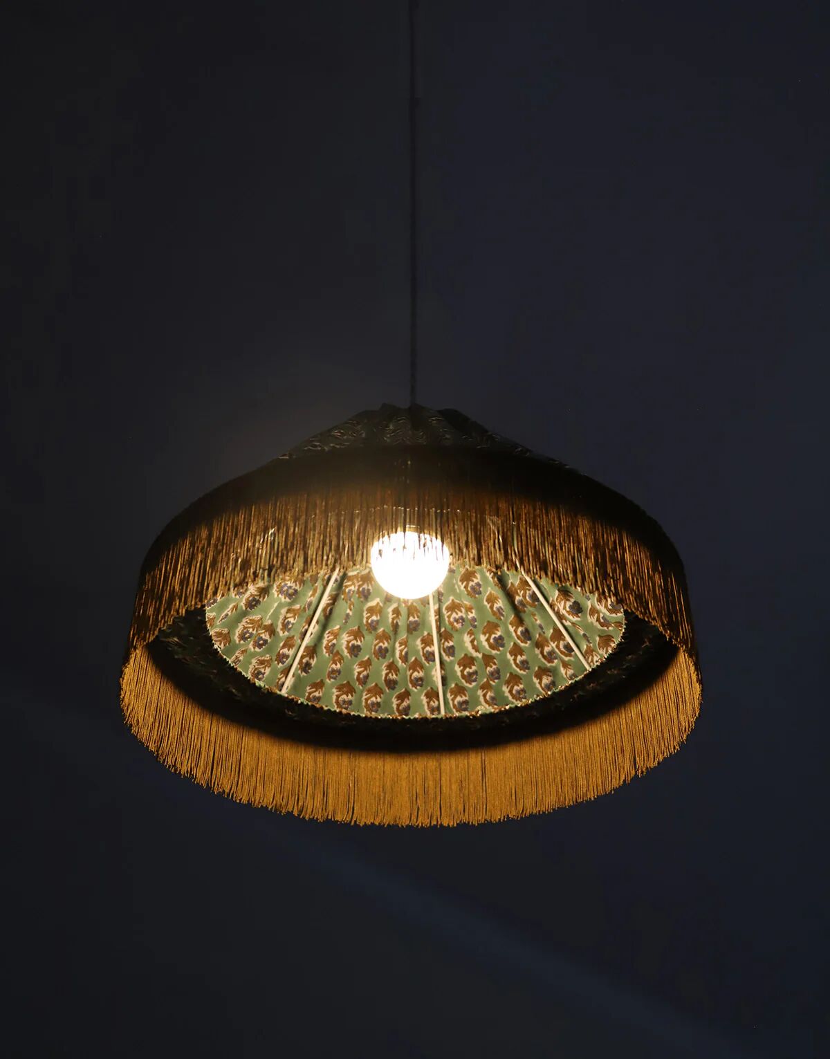 Bella conical textile pendant light with "bohemian flora" print