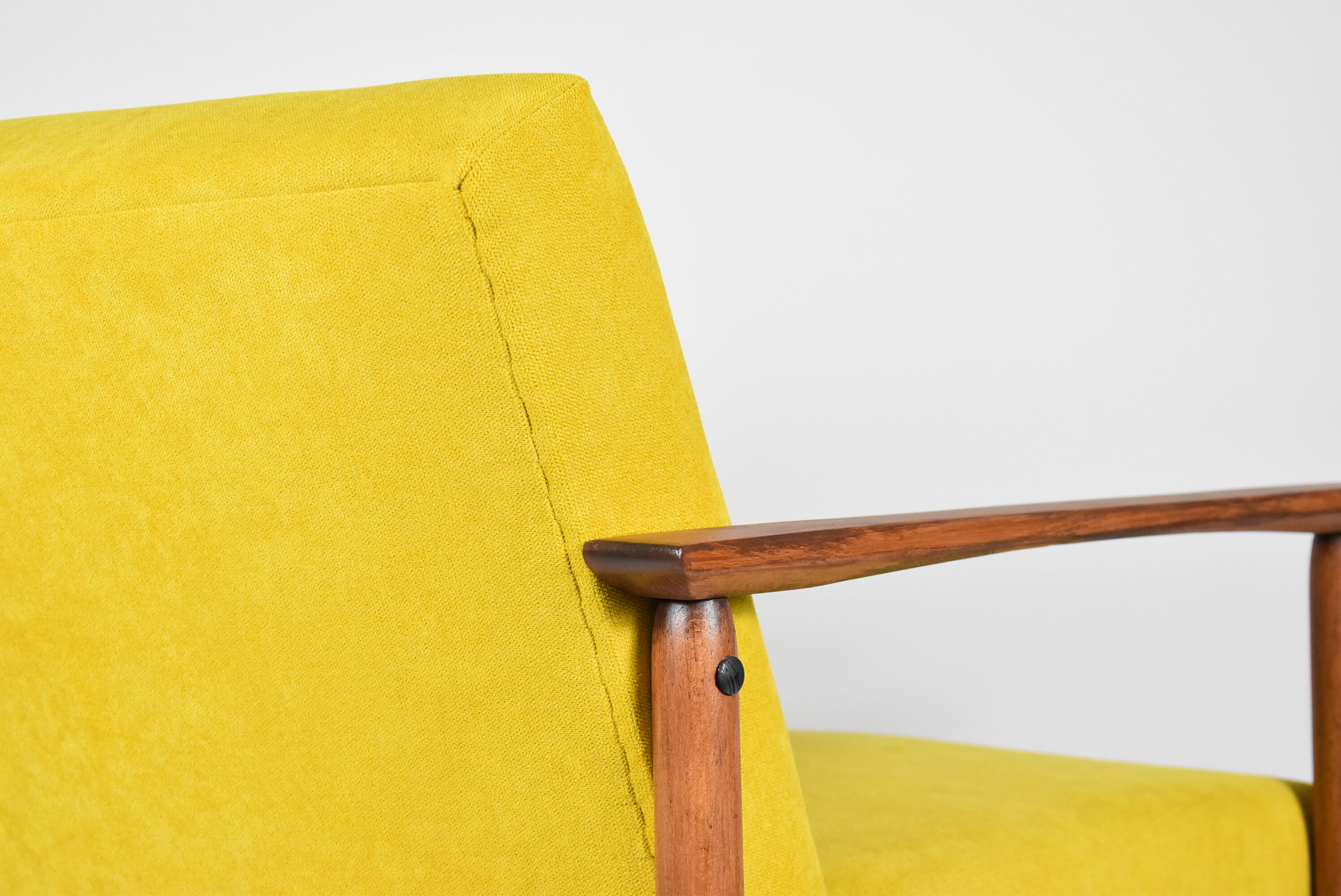 Vintage armchair yellow fabric, teak wood, 1960s