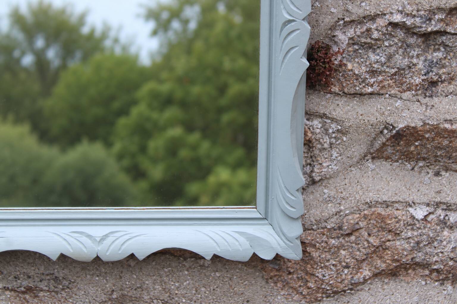 Vintage wall mirror in carved blue-green wood – rococo style – H48 cm