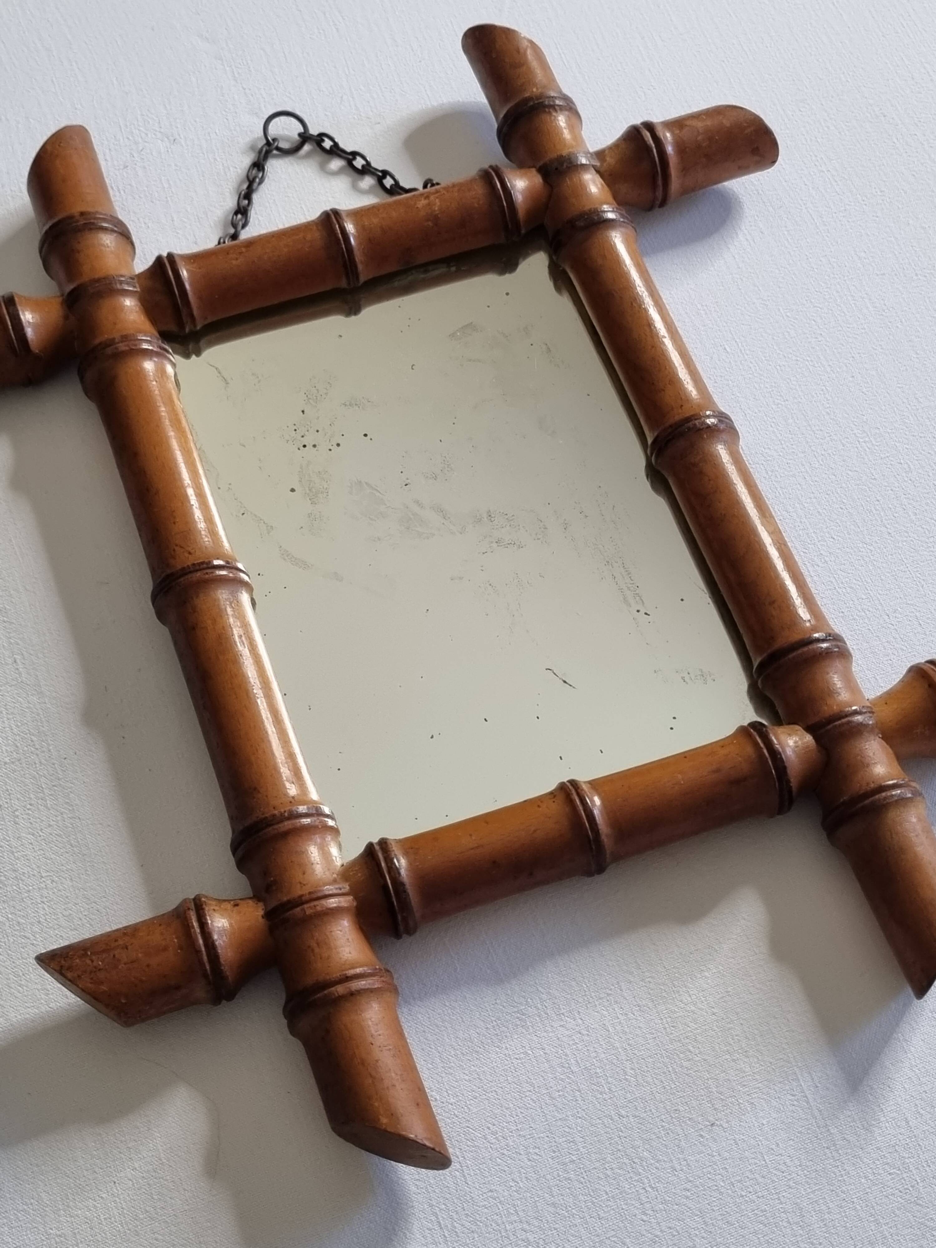 Antique turned wood mirror in bamboo style, late 19th century, 38 x 31 cm