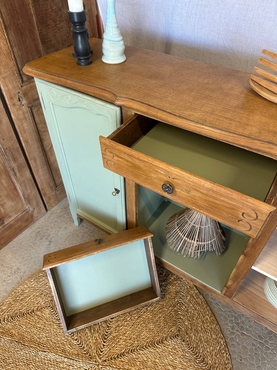 Buffet vintage bois et vert sauge