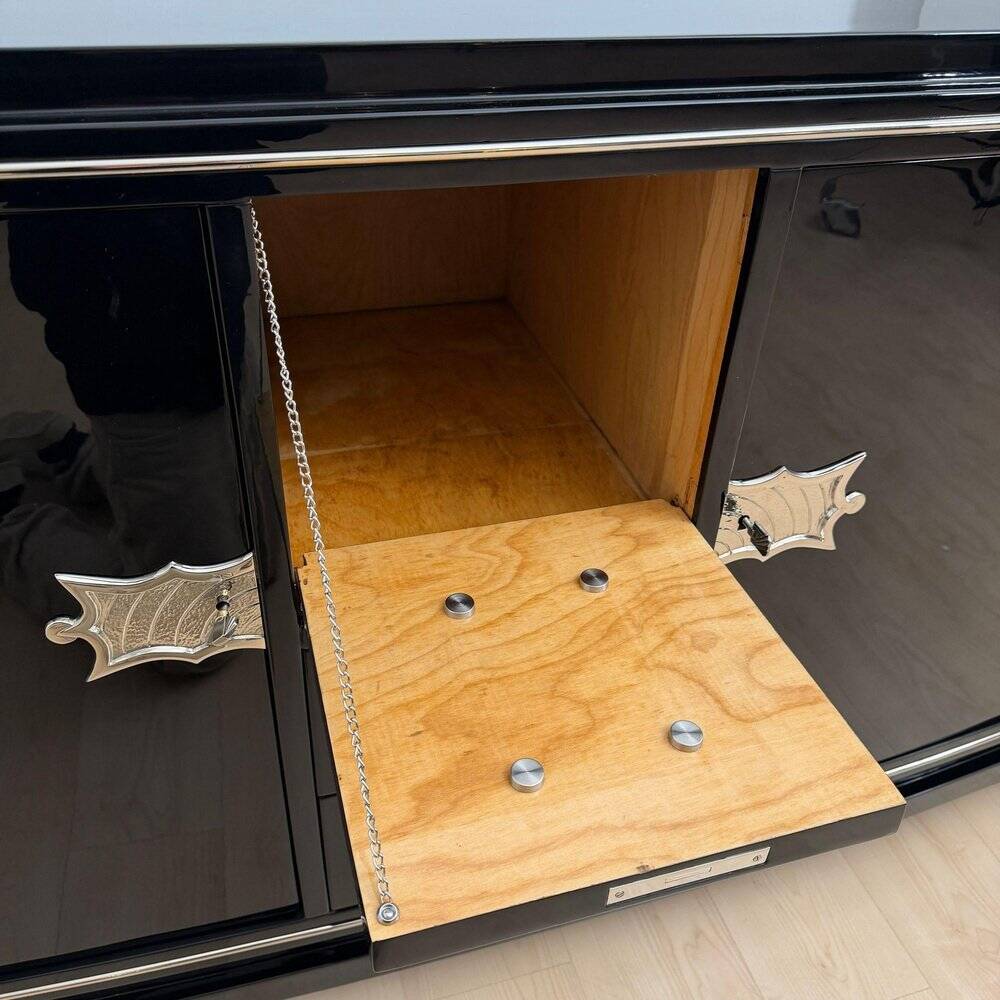 Art Deco Sideboard in Black Lacquer, Maple & Chrome, France, 1930