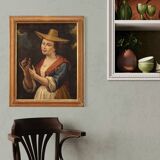 Italian Framework Portrait Of A Girl With A Goldfinch From 18th Century