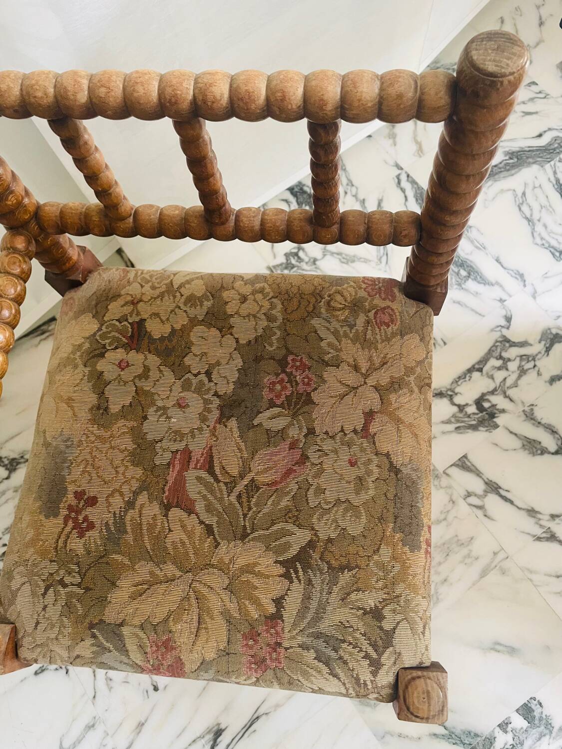 Vintage Art Deco corner chair in bobbin wood and fabric, circa 1930