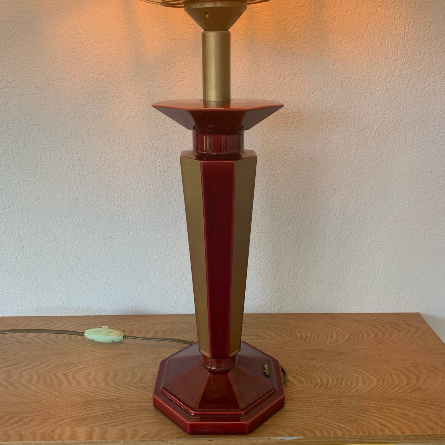▪️Vintage Lamp Le Dauphin Ceramic Bordeaux and Gold and Mother-of-pearl Lampshade Art Deco