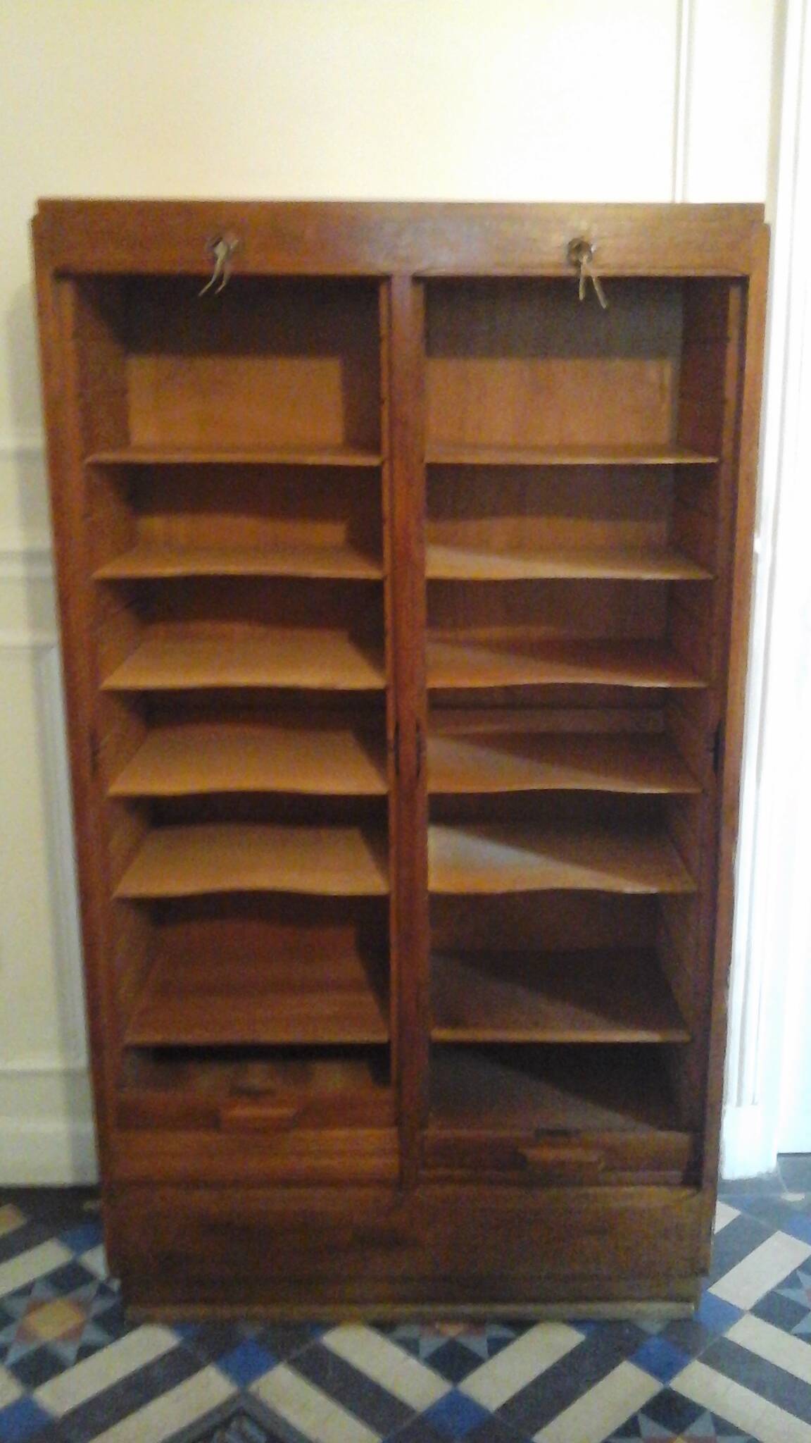 Double oak curtained filing cabinet