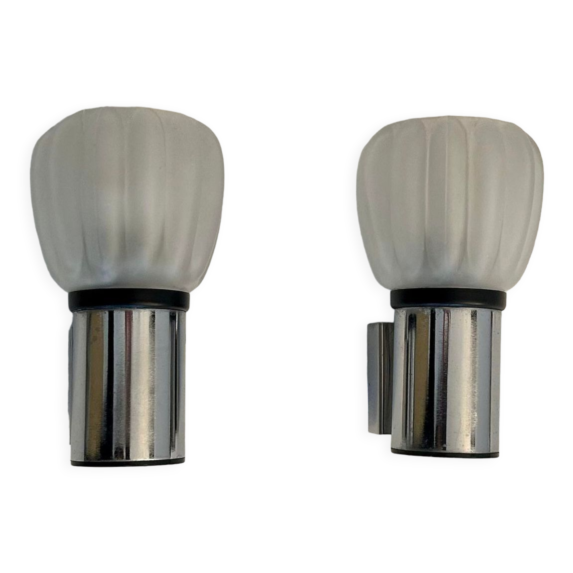 Pair of vintage wall lamps, sandblasted glass and chromed metal, France 1970