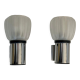 Pair of vintage wall lamps, sandblasted glass and chromed metal, France 1970