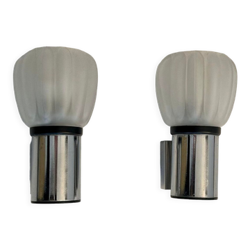 Pair of vintage wall lamps, sandblasted glass and chromed metal, France 1970