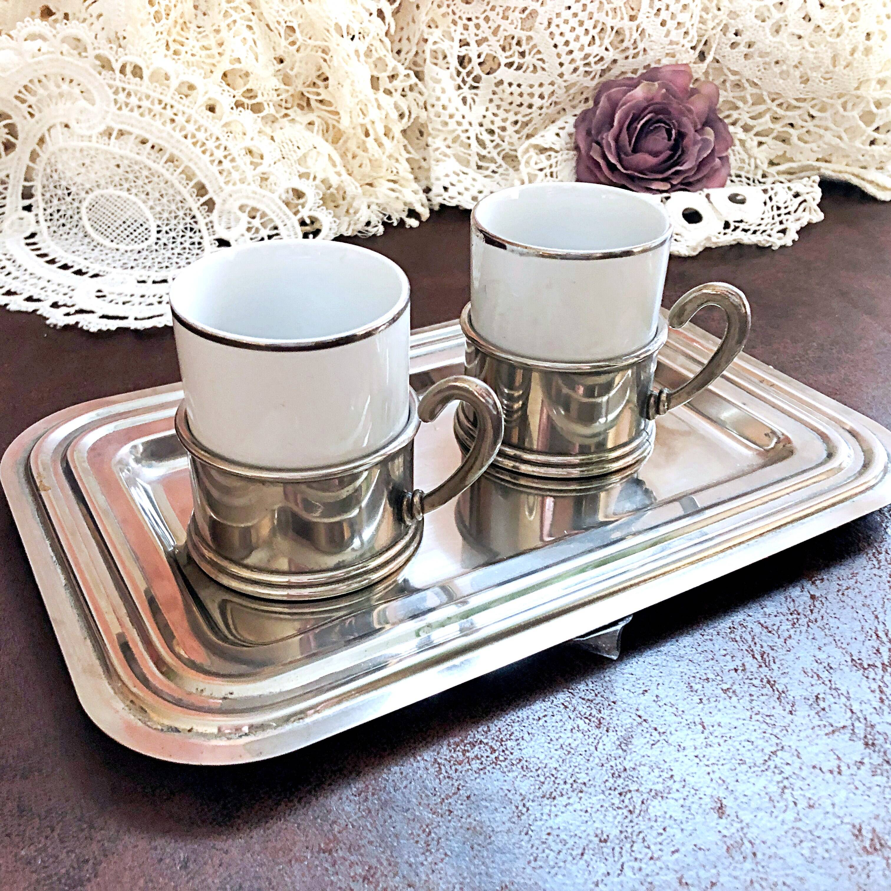Duo Italian Porcelain Cups with Vintage Monopoly Pewter Holder