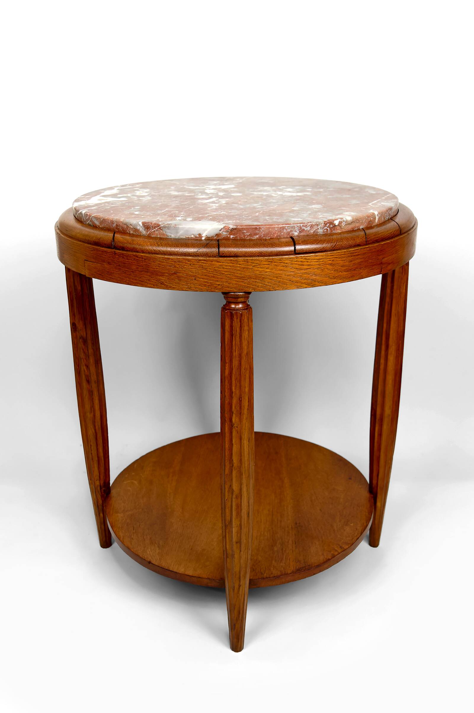 Pedestal Table, Side Table in Solid Oak & Griotte Marble Top