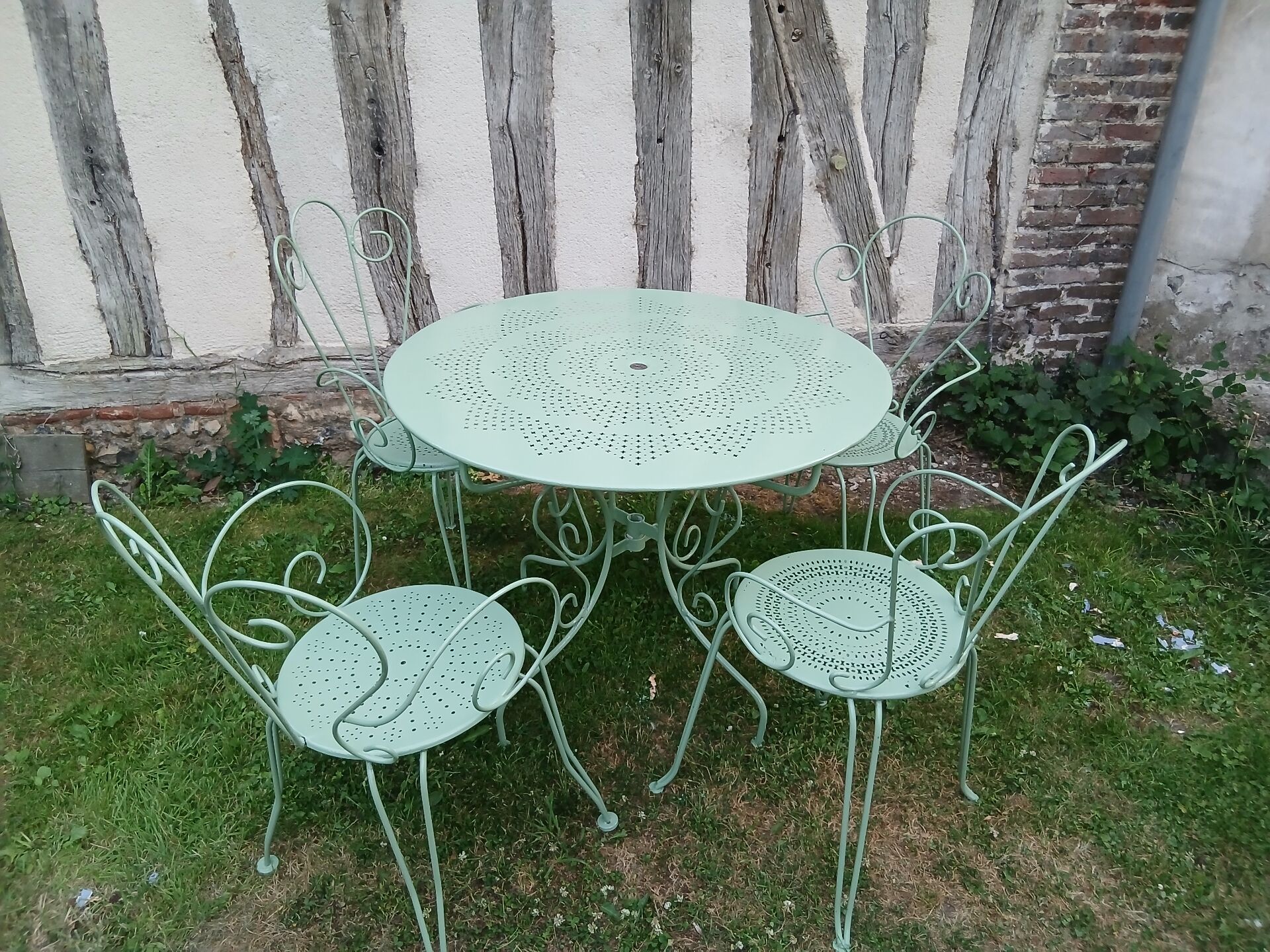 Salon de jardin 1 table 4 fauteuils fer forgé ancien vert Provence
