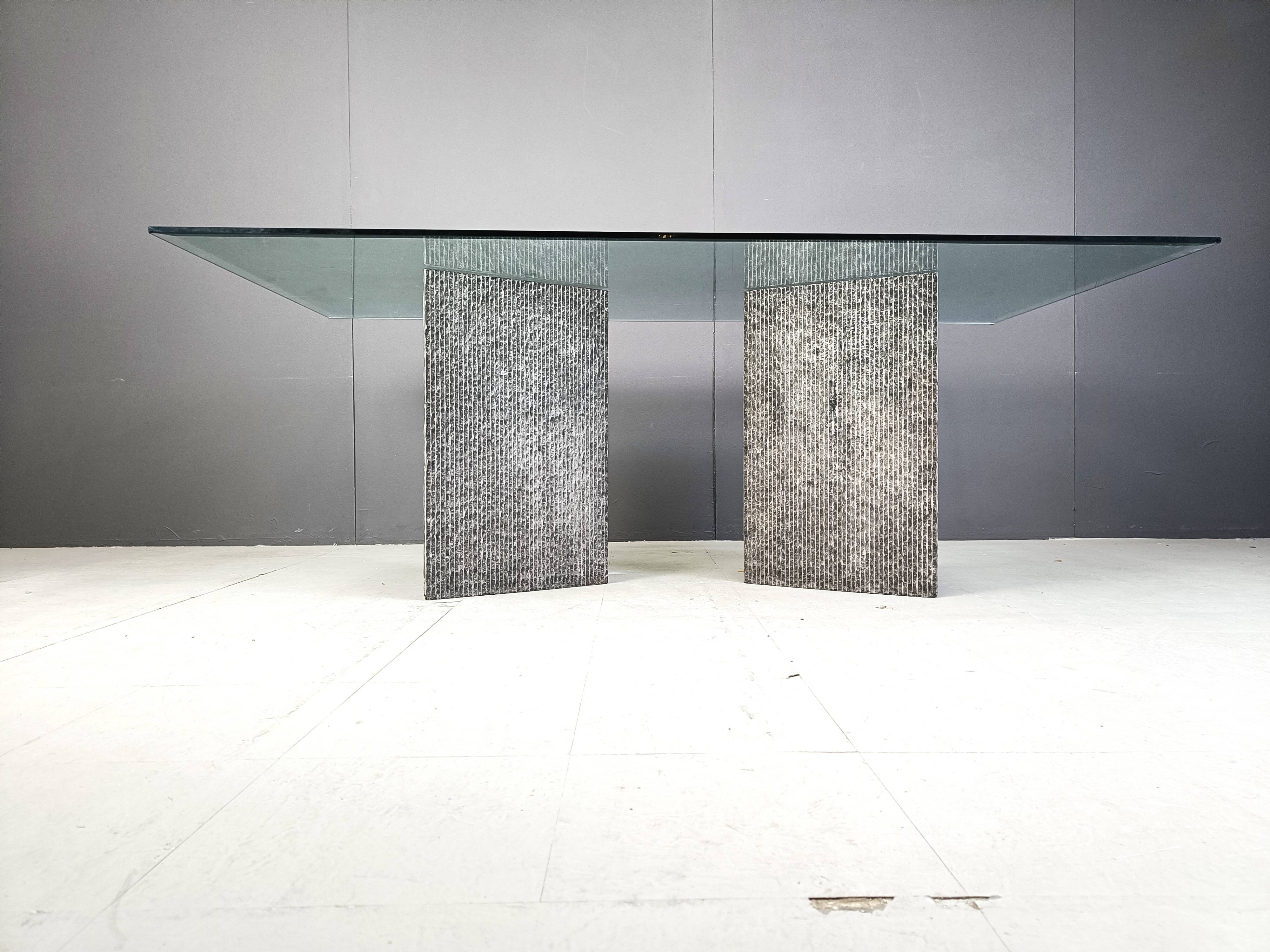 Vintage brutalist glass and marble dining table, 1970s