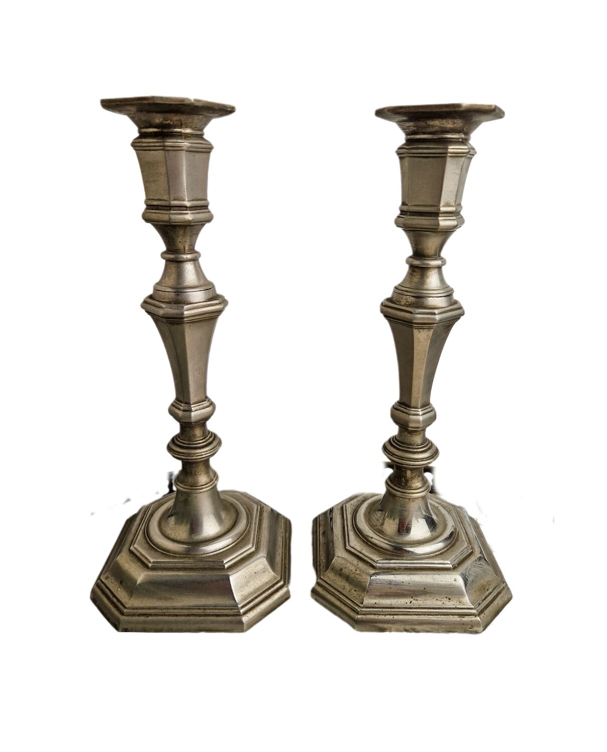 Pair of neo classical style candle holders in silver metal