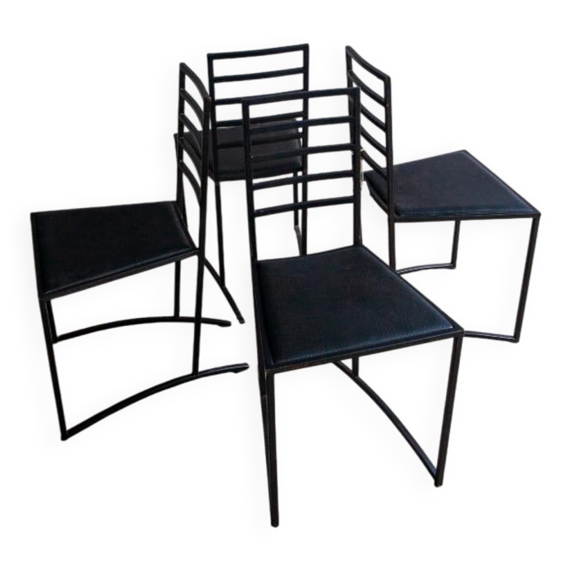 Set of 4 Black Steel Dining Chairs with Black Faux-Leather Seats — Minimalist Geometric Design