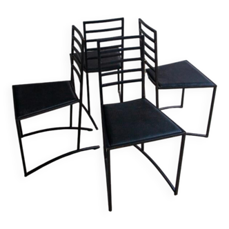 Set of 4 Black Steel Dining Chairs with Black Faux-Leather Seats — Minimalist Geometric Design