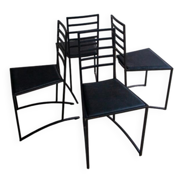 Set of 4 Black Steel Dining Chairs with Black Faux-Leather Seats — Minimalist Geometric Design