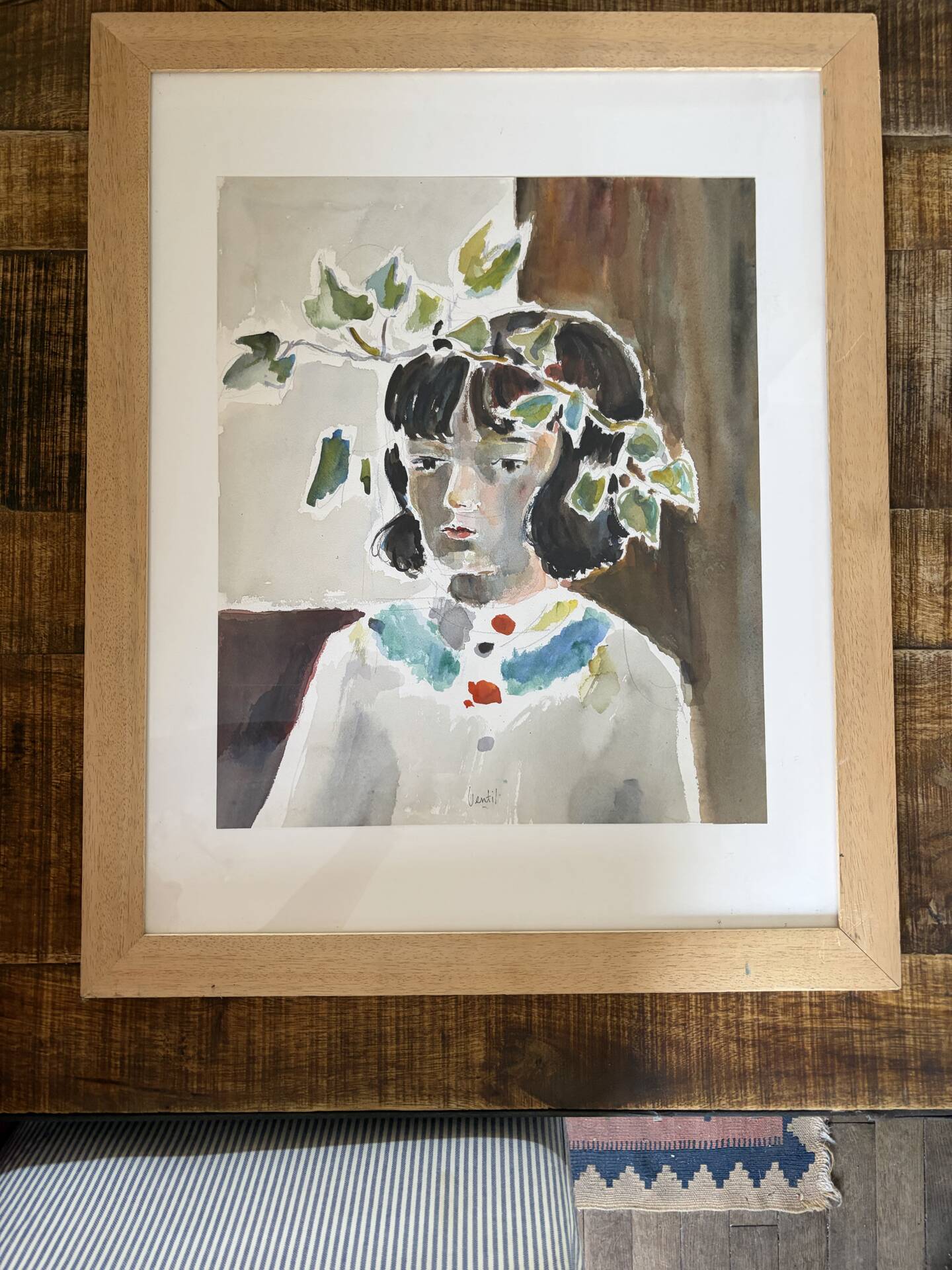 Femme aux feuilles, aquarelle sur papier, signée Ventil