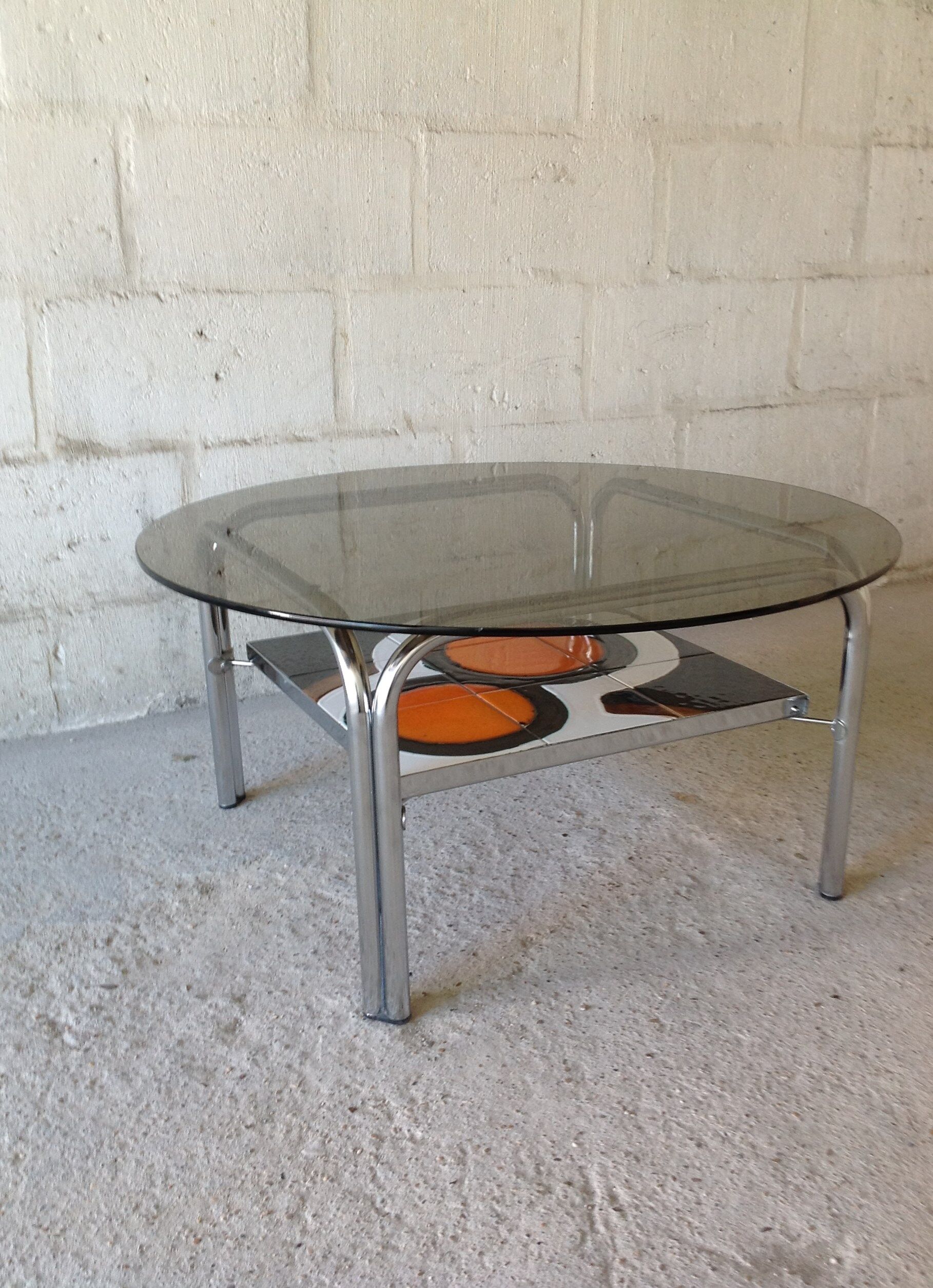 Table basse vintage verre fumé, céramique années 70