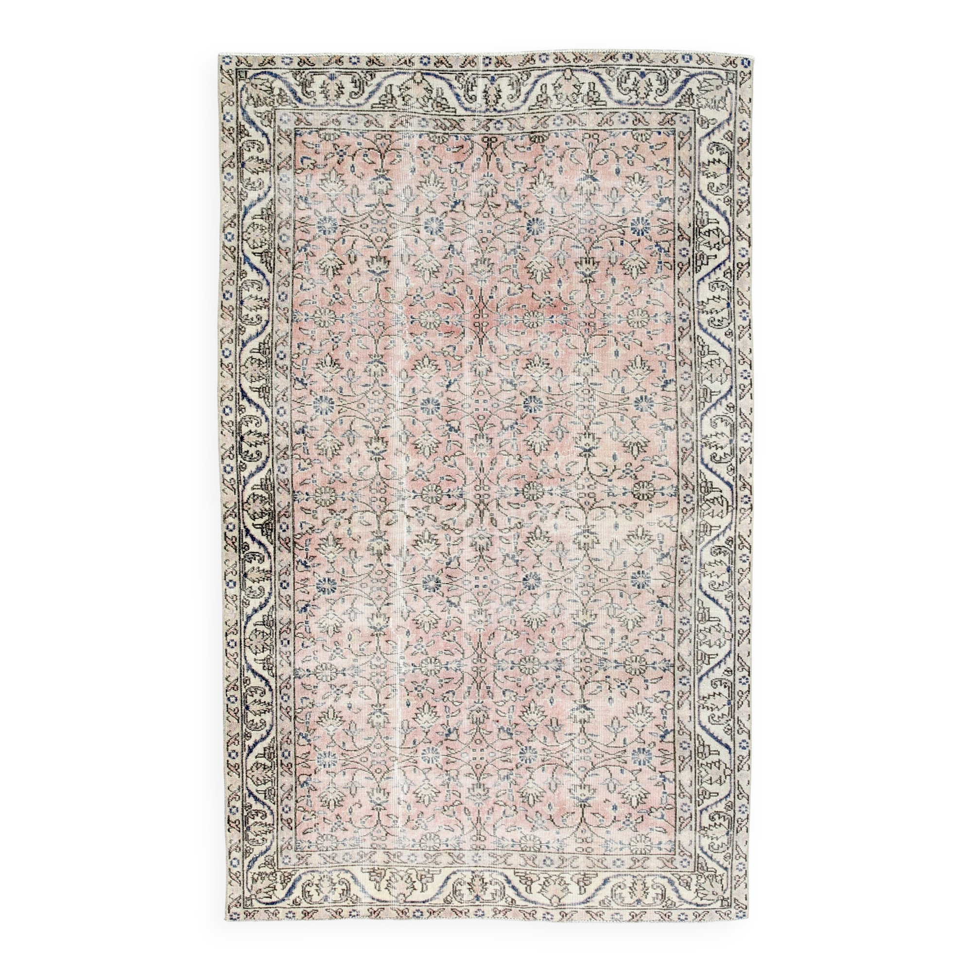 Light Pink & Blue Floral Turkish Vintage Rug, 155x248Cm