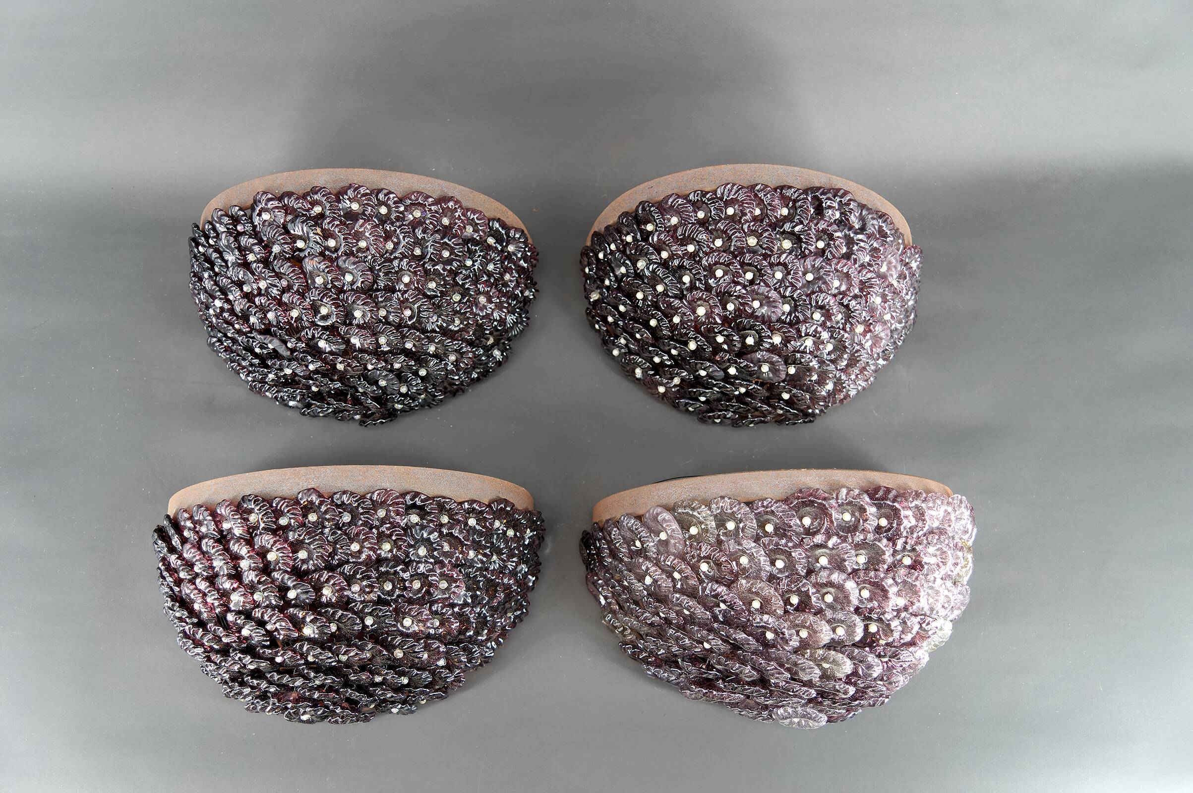 4 Wrought Iron Wall Lights with Flowers and Glass Beads, Murano, Italy, 1930