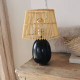 Lampe de table en bois d'ébène et rotin