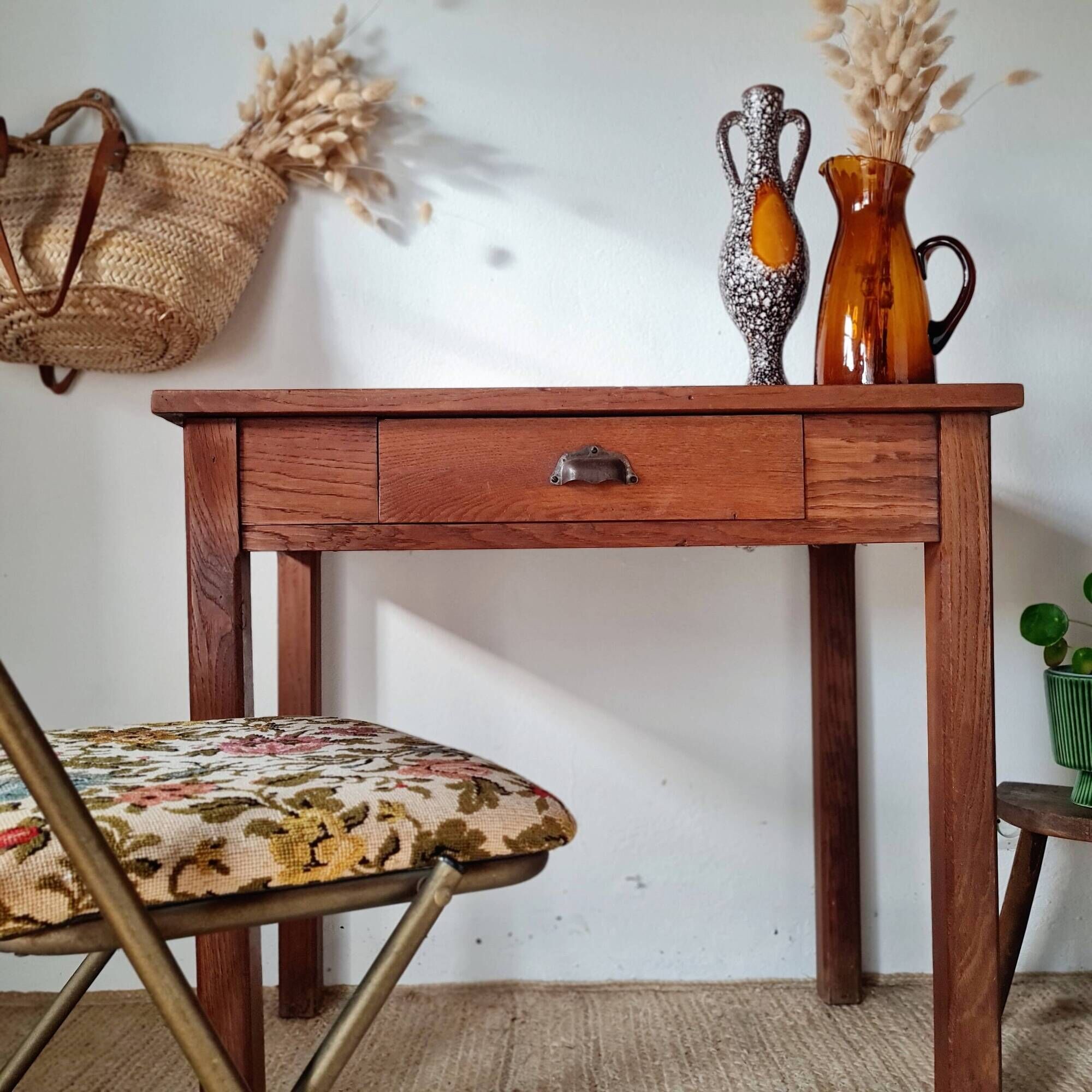 Solid wood table - vintage wooden desk with drawer