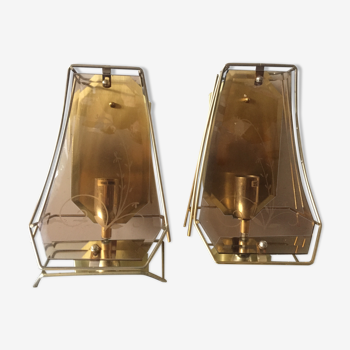 Pair of Scandinavian Vintage  wall lights Sconces in Brass & Amber colored Glass