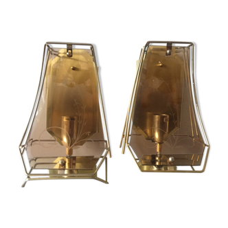 Pair of Scandinavian Vintage  wall lights Sconces in Brass & Amber colored Glass