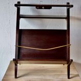 Ancienne sellette porte-revue style scandinave en bois foncé avec cendrier intégré en laiton