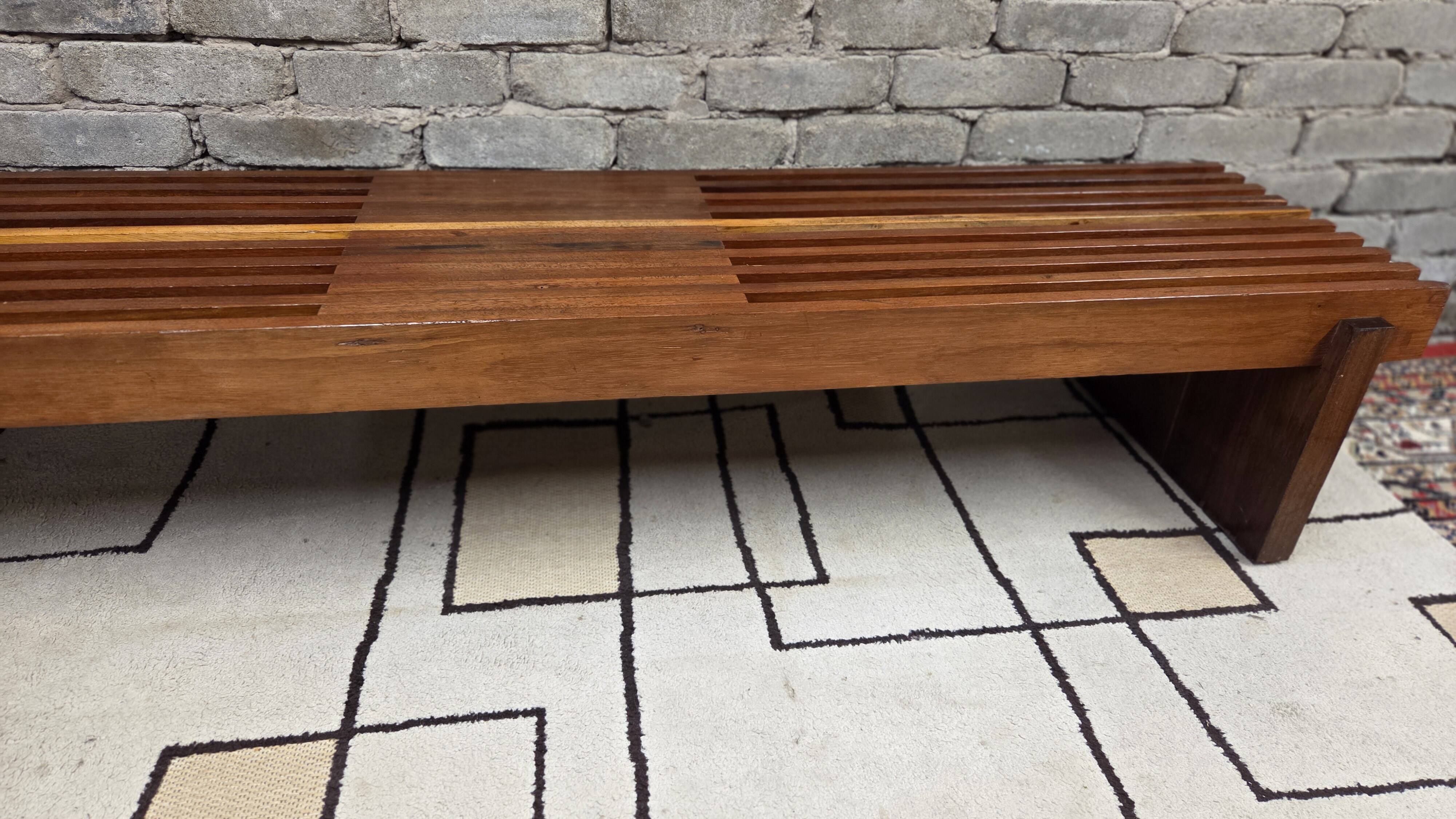 Vintage brutalist bench in solid teak with slats – 1970s