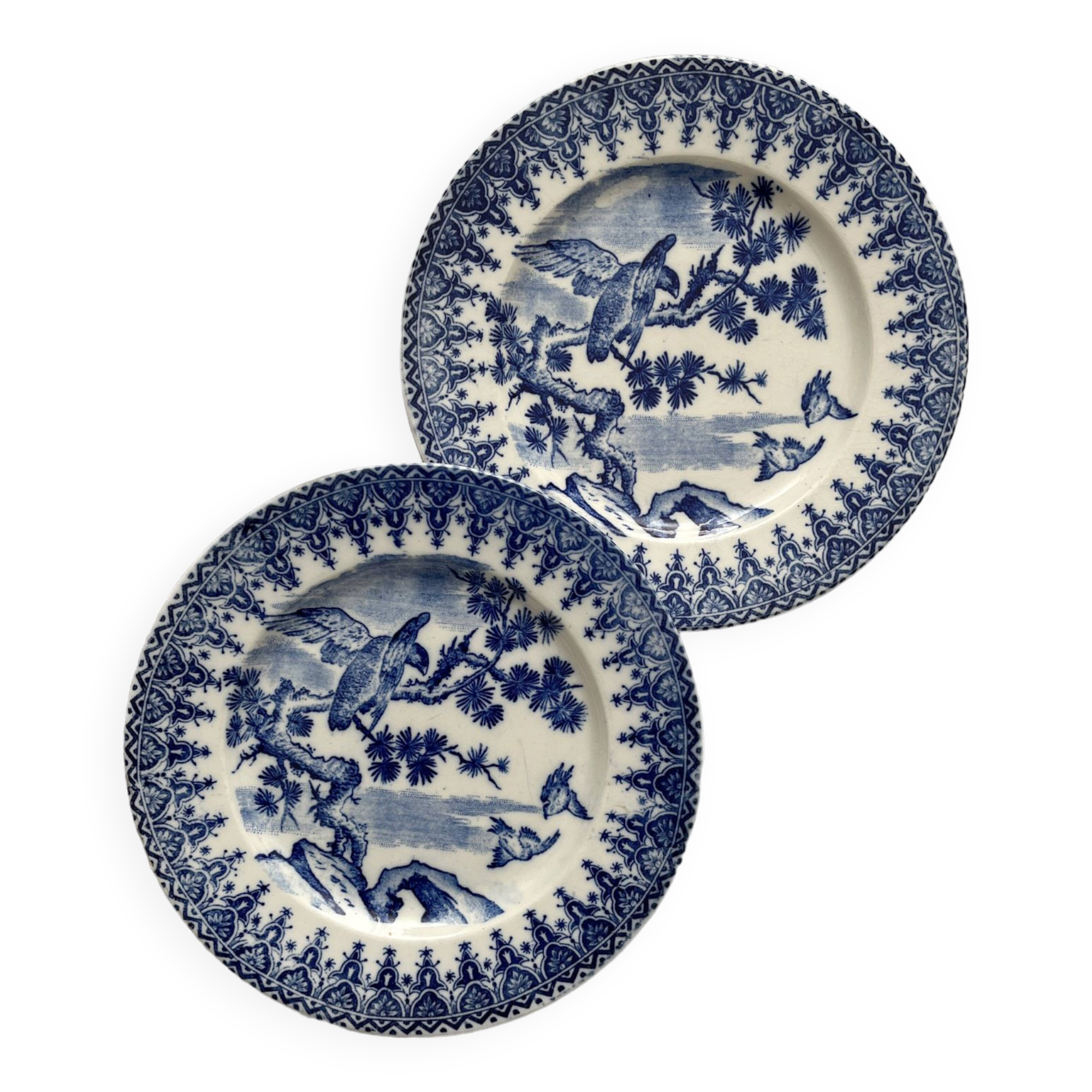 2 ironstone dessert plates with a Japanese-inspired blue design