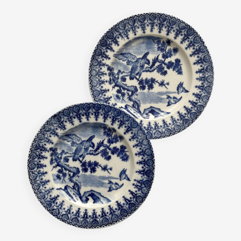 2 assiettes à dessert terre de fer décor bleu japonisant