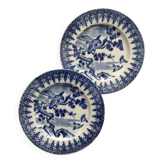 2 assiettes à dessert terre de fer décor bleu japonisant