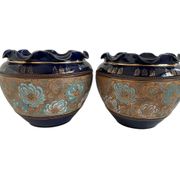 Pair, cache pots, royal doulton, english earthenware, 1920-1930, floral decoration, blue and gold, marks in