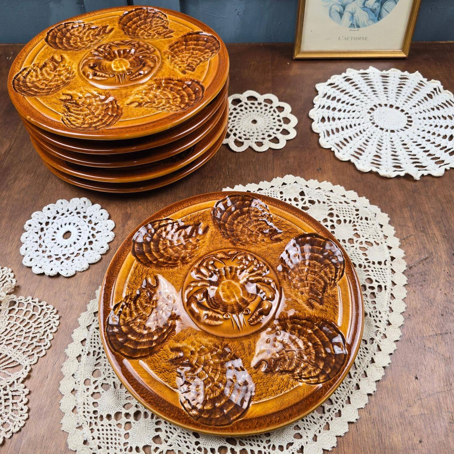 Set of 6 oyster plates – Sarreguemines – brown decor
